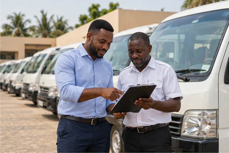 Illustrative Ghanaian vehicle owner reviewing records with a driver in front of a row of minibuses
