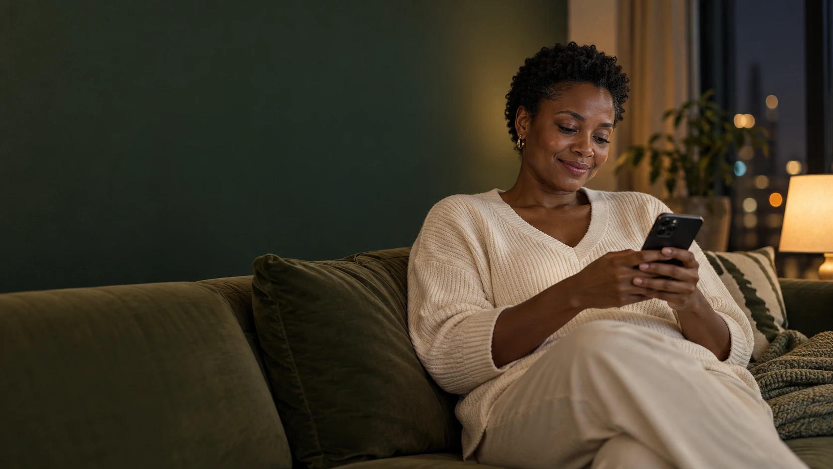 Illustrative Ghanaian owner relaxing at home while checking updates on her phone