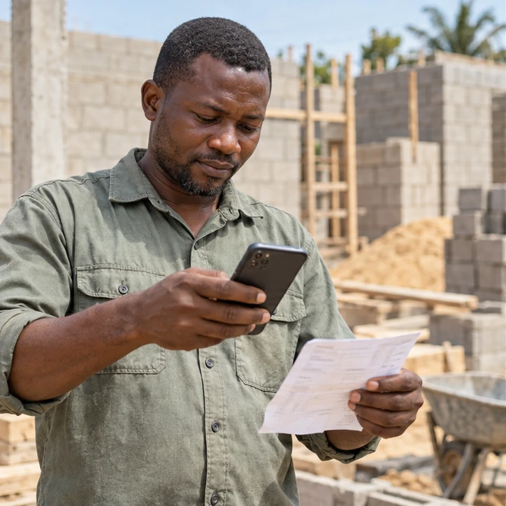 Illustrative Ghanaian caretaker recording a materials receipt at a building site