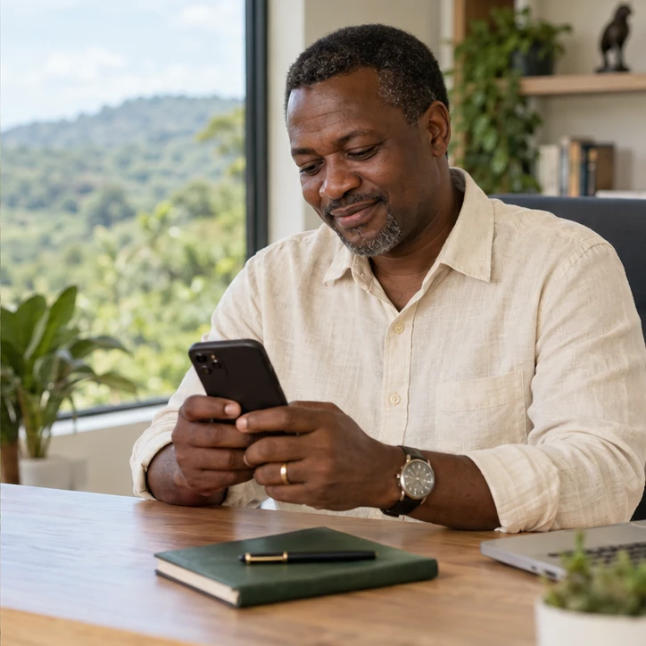 Illustrative Ghanaian owner reviewing updates from several operations at home