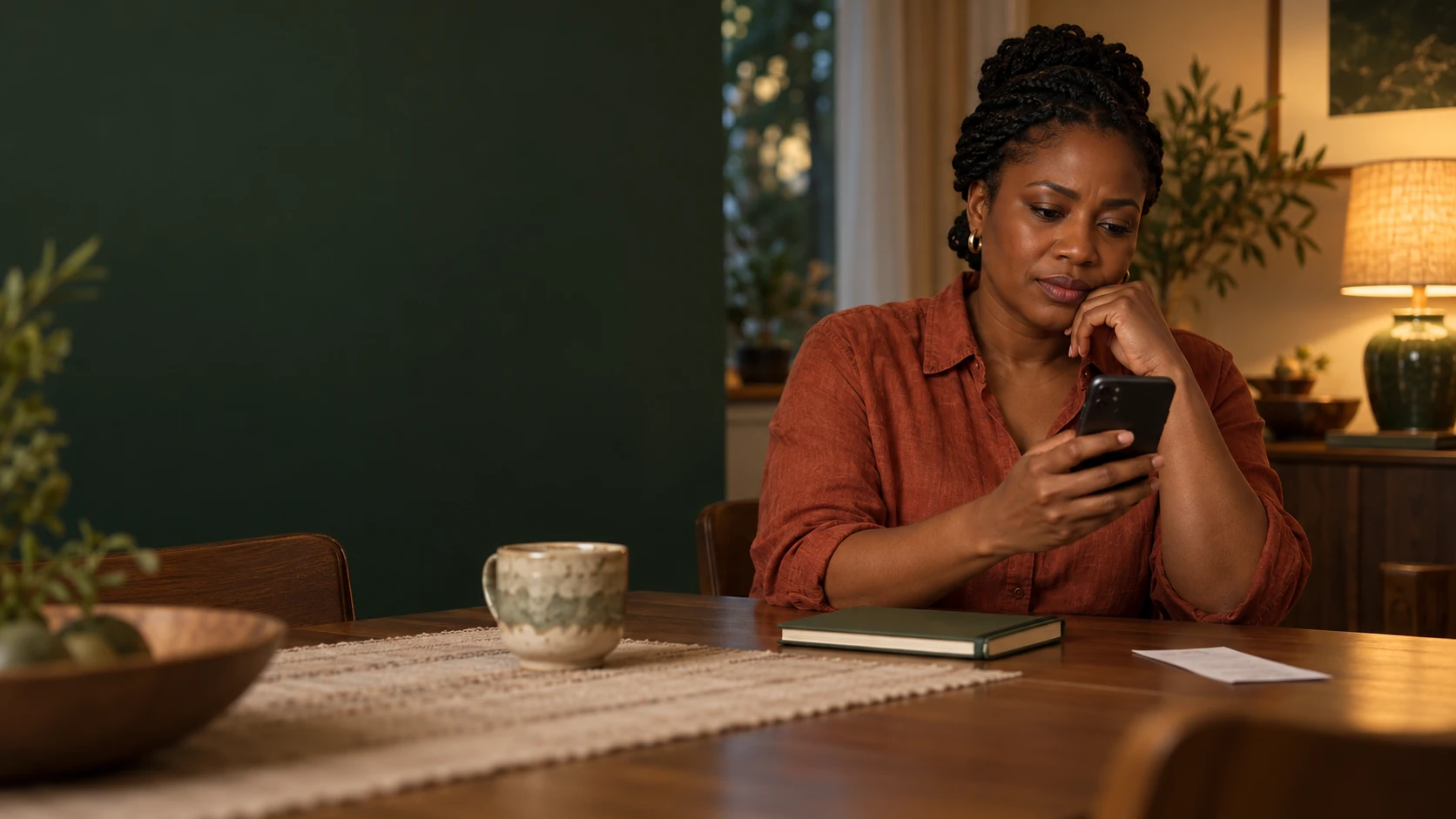 Illustrative Ghanaian owner reviewing an update and a receipt from home